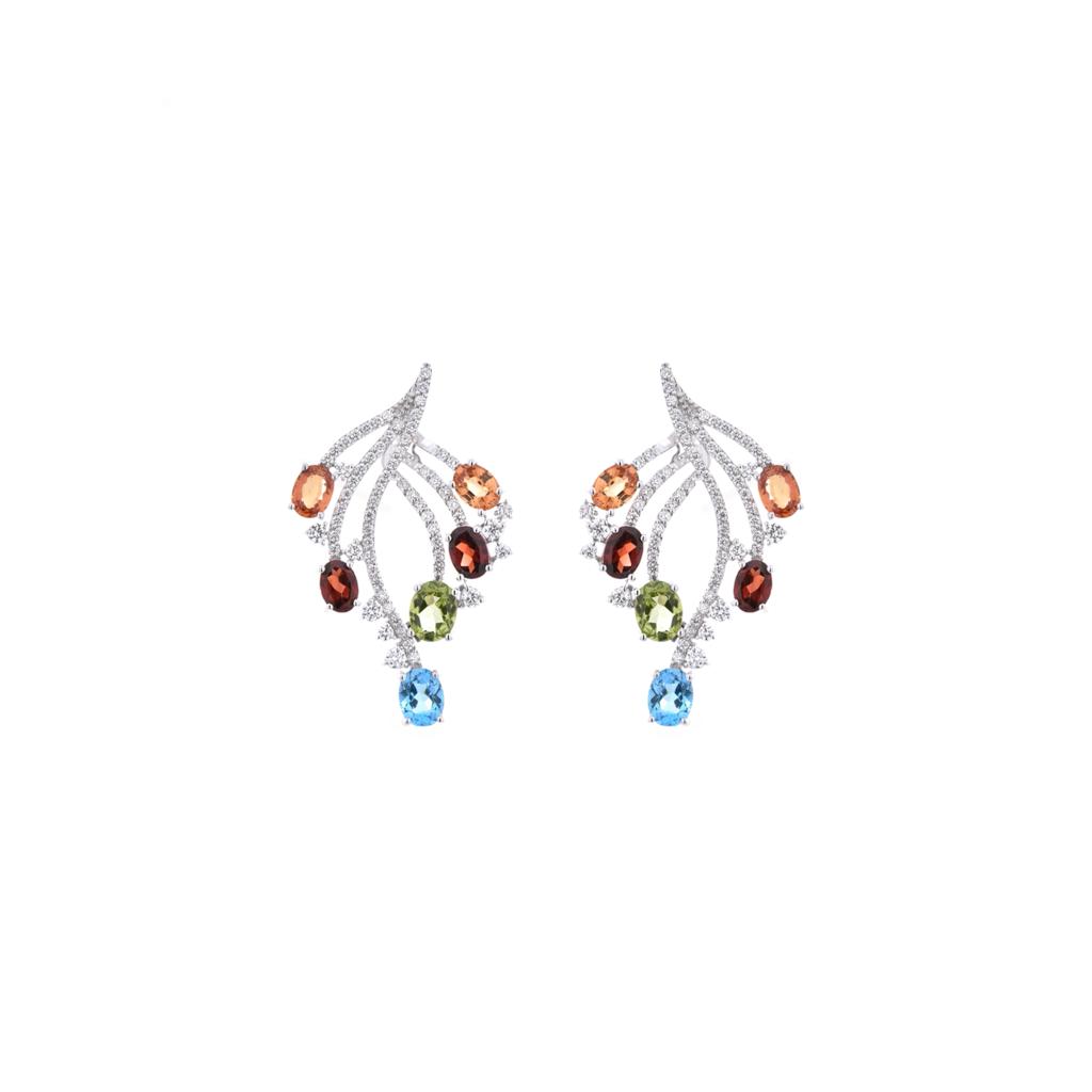 Brilliant Cut Diamond Earrings set with Coloured Stones
